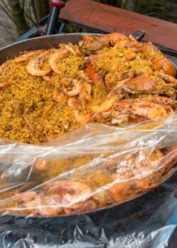 Rice with seafood for sale in the streets of Cartagena. Colombia.