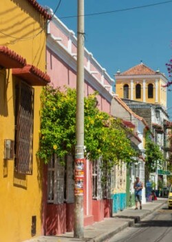 Streets with traditional colorful houses in the city.