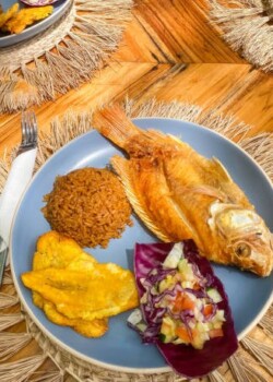 Typical dish in the beaches of Baru, Cartagena Colombia. Fried fish with coconut rice and patacones.